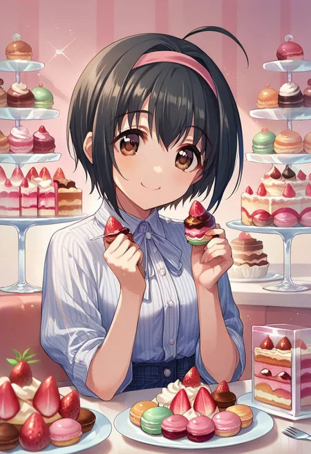score_9, score_8_up, score_7_up, source_anime,kohinata miho, short hair, black hair, ahoge, brown eyes, food, strawberry, fruit, cake, 1girl, hairband, smile, solo focus, macaron