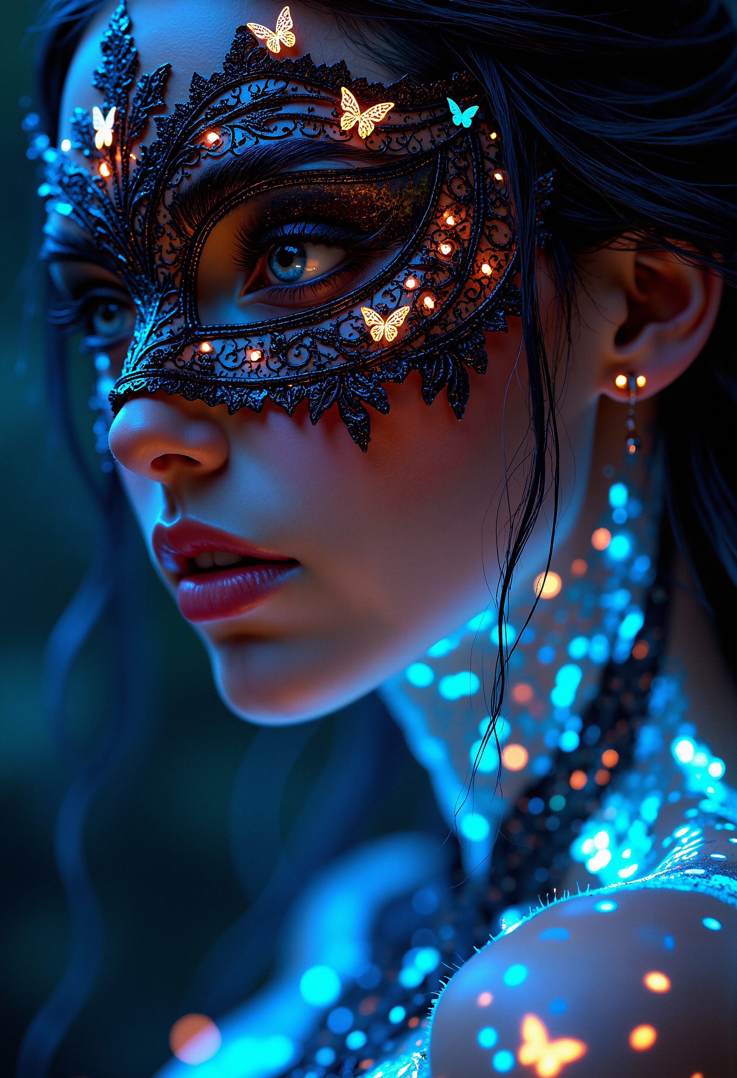 Close-up of a woman's face, focusing on her right side, wearing an ornate, intricate masquerade mask that covers her eyes and upper nose. The mask is detailed with lace-like patterns, embedded with small glowing lights and tiny luminescent butterflies, primarily in blue and orange hues. The mask has an elaborate design that merges seamlessly with her skin, which is illuminated with bioluminescent patterns glowing in shades of blue and orange, covering her neck, shoulders, and chest. Her lips are slightly parted, showing a natural yet deep shade, and her skin has a smooth, porcelain-like texture. Her hair is curly, slightly visible around the mask, and has a soft, silver-blonde color that subtly reflects the glowing lights. The image is highly detailed, with a focus on textures and light, creating a surreal, ethereal atmosphere. The background is dark, making the glowing elements on her face and body stand out, enhancing the mysterious and mystical mood. <lora:flux_vividizer:0.6> <lora:aidmaImageUpgrader-FLUX-V0.1:0.33> detailmaximizer,