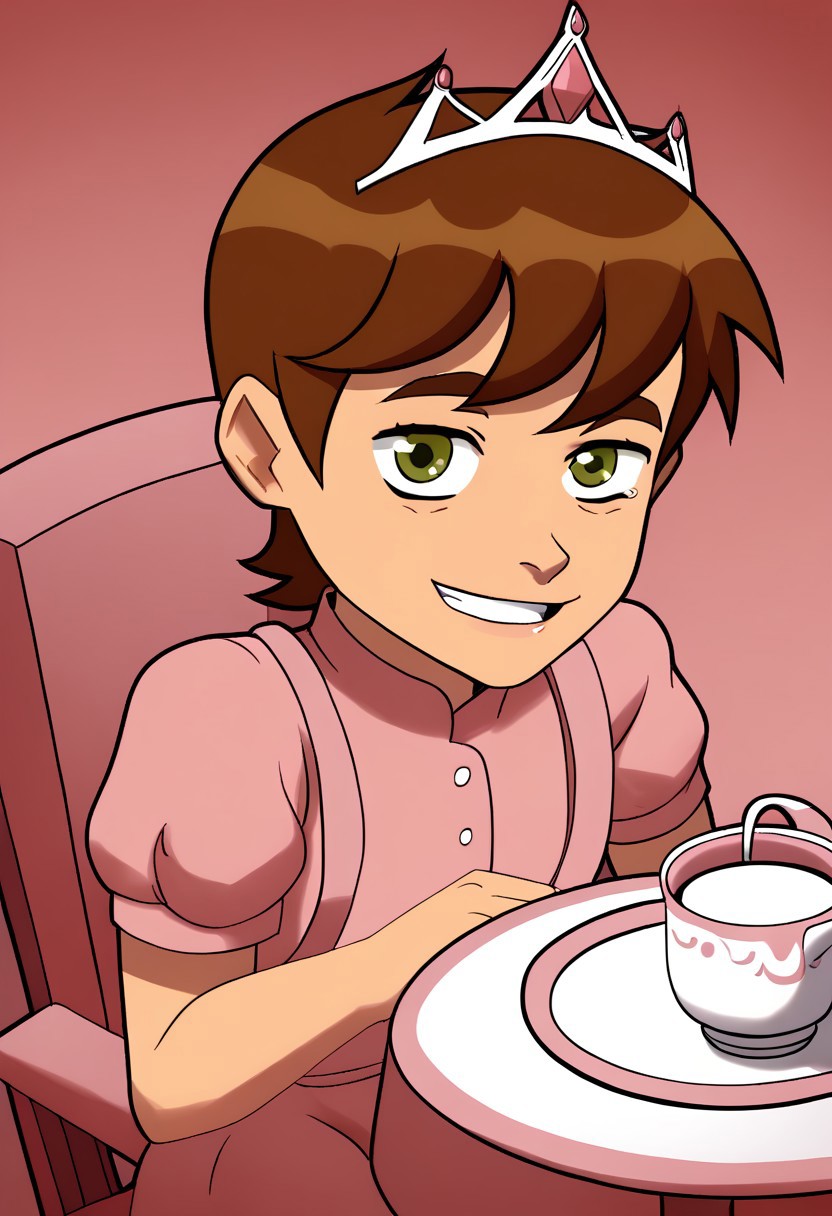 deadinsidestyle, chb, from slight above angle, sitting on chair, small table, tea cup, tea pot, pink theme, pink dress, tiara, (Solo), Looking at viewer, Smiling,