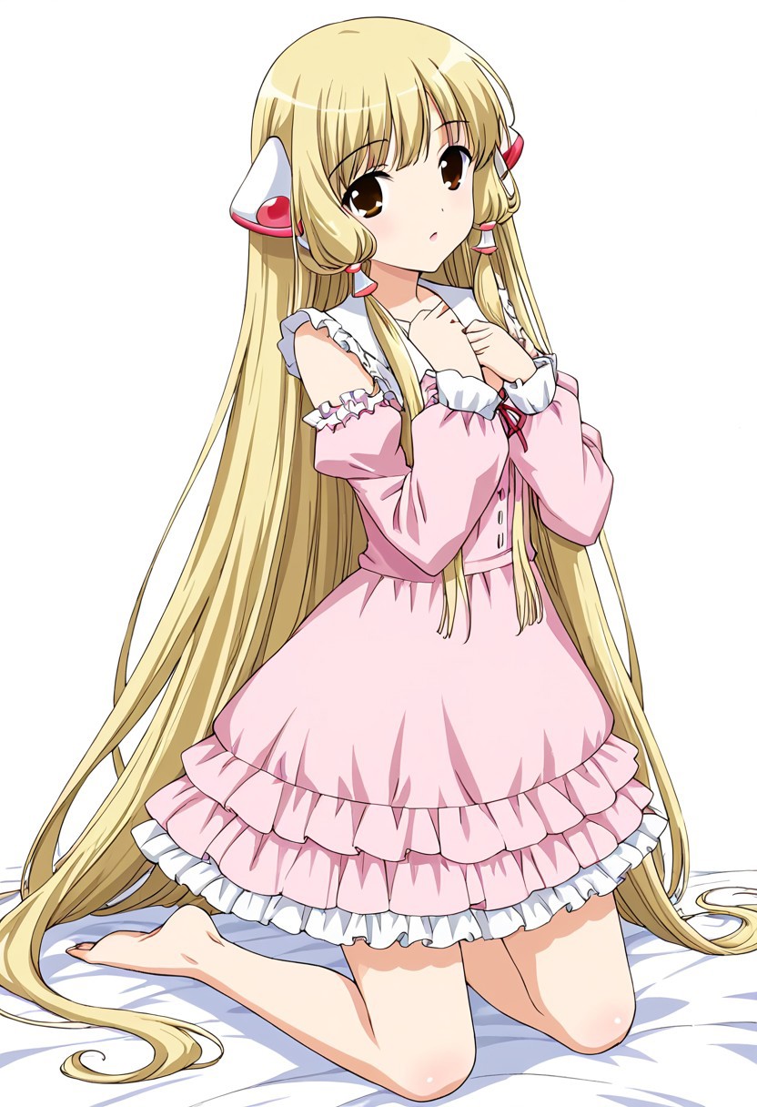 1 girl, alone, long hair, blonde hair, very long hair, hair tubes, robot ears, brown eyes, dress, pink dress, frilly dress, loose sleeves, barefoot, kneeling