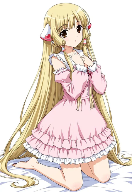 1 girl, alone, long hair, blonde hair, very long hair, hair tubes, robot ears, brown eyes, dress, pink dress, frilly dress, loose sleeves, barefoot, kneeling
