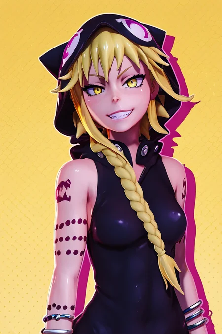 score_9, score_8_up, score_8, medium breasts, (curvy), cute, eyelashes, BREAK, , zzMedusa, blonde hair, long hair, braid, yellow eyes, tattoo, hood, jewelry, bracelet, sleeveless, nail polish, hoodie, braid, black nails, <lora:Medusa_SoulEater_PDXL_v2:1.0>, BREAK, smile, looking at viewer, cowboy shot, ,,, embedding:zPDXL, Expressiveh, ,,, <lora:Zy0n7_PDXL:0.8>, <lora:SDXLFaeTastic2400:0.5>, <lora:Expressive_H-000001:0.4>,