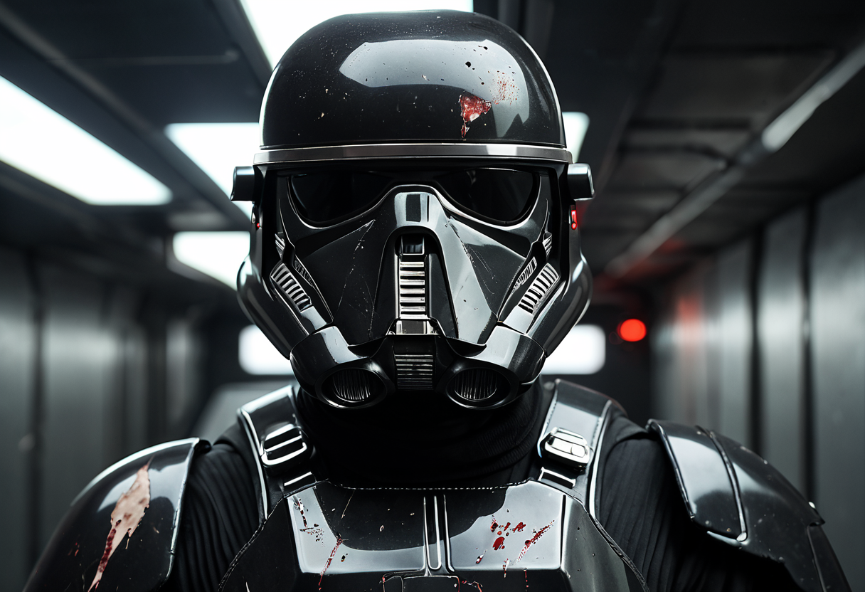 <lora:death-trooper-pxl:0.8> death-trooper-pxl, death trooper, solo, blood on clothes, blood on face, black armor, damaged, portrait, crack of light, spacecraft interior,, score_9, score_8_up, score_7_up, score_6_up, score_5_up, score_4_up, Cinematic portrait photography, capture subject in a way that resembles a still frame from a movie, cinematic lighting, story, narrative quality, drawing viewers into the scene and evoking a sense of cinematic immersion, capturing emotion, professional, engaging, compelling composition, Cinematic photography, movie mood, cinematic light, compelling composition, storytelling elements, conveys emotion, mood, and narrative depth, creating visually striking images that feel like still frames from a film, Sci-Fi Inspired fashion style, draws inspiration from science fiction movies, and futurism, features futuristic silhouettes, and avant-garde designs, promotes imagination and innovation in fashion, explores concepts of technology
