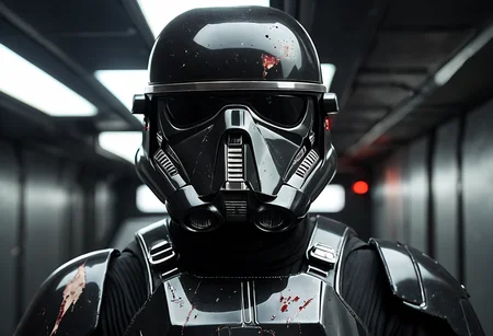 <lora:death-trooper-pxl:0.8> death-trooper-pxl, death trooper, solo, blood on clothes, blood on face, black armor, damaged, portrait, crack of light, spacecraft interior,, score_9, score_8_up, score_7_up, score_6_up, score_5_up, score_4_up, Cinematic portrait photography, capture subject in a way that resembles a still frame from a movie, cinematic lighting, story, narrative quality, drawing viewers into the scene and evoking a sense of cinematic immersion, capturing emotion, professional, engaging, compelling composition, Cinematic photography, movie mood, cinematic light, compelling composition, storytelling elements, conveys emotion, mood, and narrative depth, creating visually striking images that feel like still frames from a film, Sci-Fi Inspired fashion style, draws inspiration from science fiction movies, and futurism, features futuristic silhouettes, and avant-garde designs, promotes imagination and innovation in fashion, explores concepts of technology