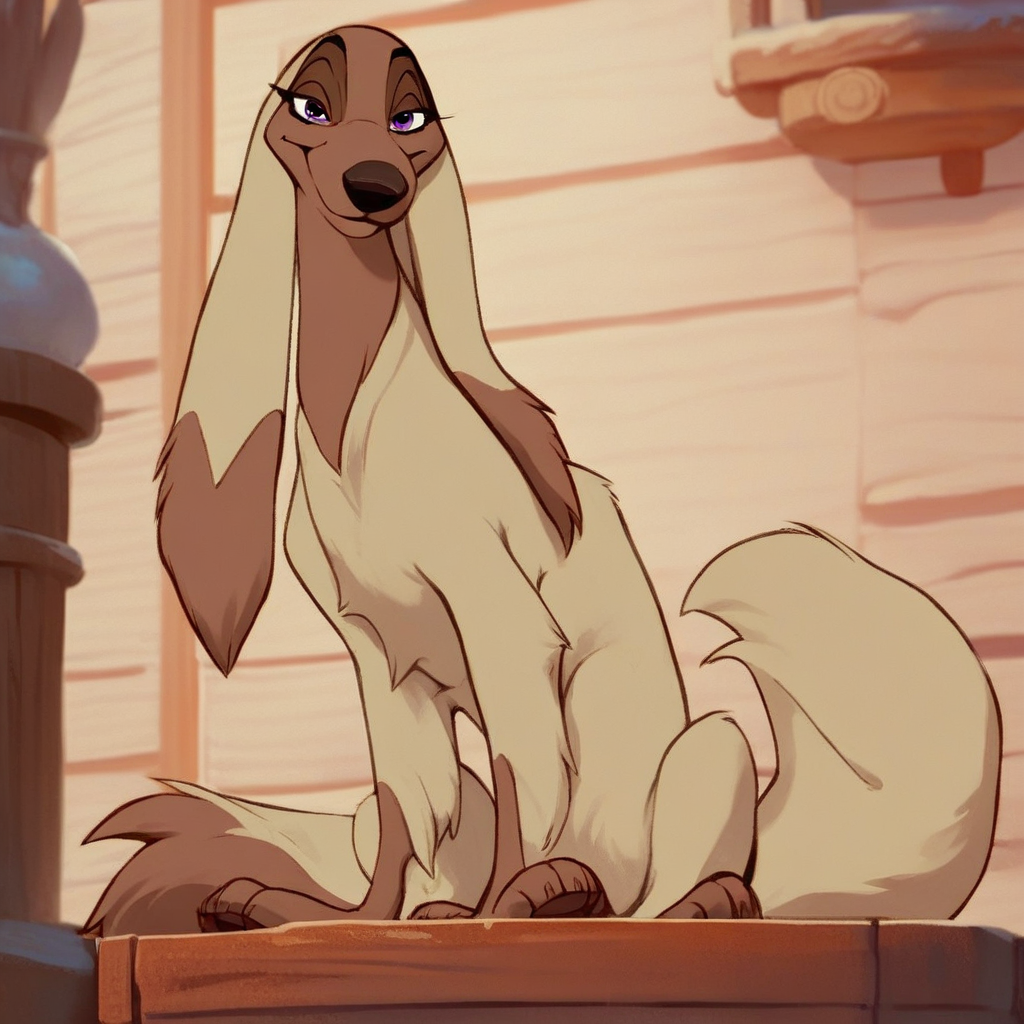 score_9, score_8_up, score_8, score_7, source_cartoon, Sylvie[B], Solo, 1girl, feral, dog, afghan hound, tan and brown fur, silky fur, purple eyes, dog ears, long ears, black nose, dog tail, looking at viewer, full body, smiling, sitting, living room background