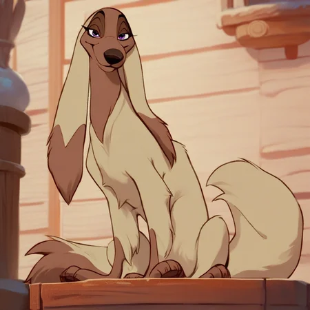 score_9, score_8_up, score_8, score_7, source_cartoon, Sylvie[B], Solo, 1girl, feral, dog, afghan hound, tan and brown fur, silky fur, purple eyes, dog ears, long ears, black nose, dog tail, looking at viewer, full body, smiling, sitting, living room background