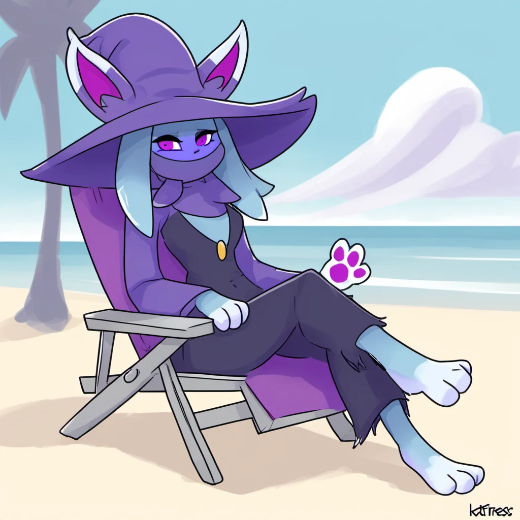 Katress,blue fur, purple clothing, black clothing, purple hat, witch hat, purple eyes, long sleeves,
, feet, paws, solo,
on back, beachchair, beach, day, ocean, clouds, palms,
digital drawing,
<lora:Katress_basesdxl:1>