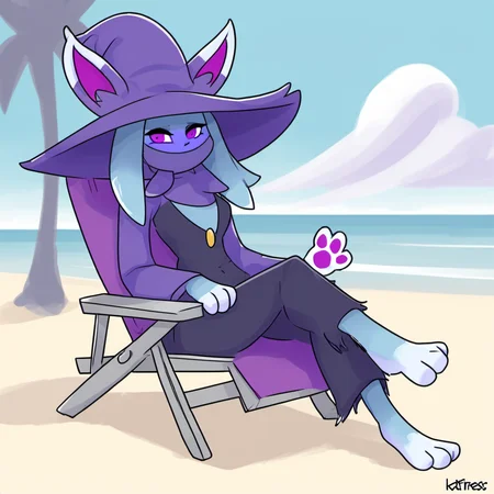 Katress,blue fur, purple clothing, black clothing, purple hat, witch hat, purple eyes, long sleeves,
, feet, paws, solo, 
on back, beachchair, beach, day, ocean, clouds, palms,
digital drawing,
<lora:Katress_basesdxl:1>