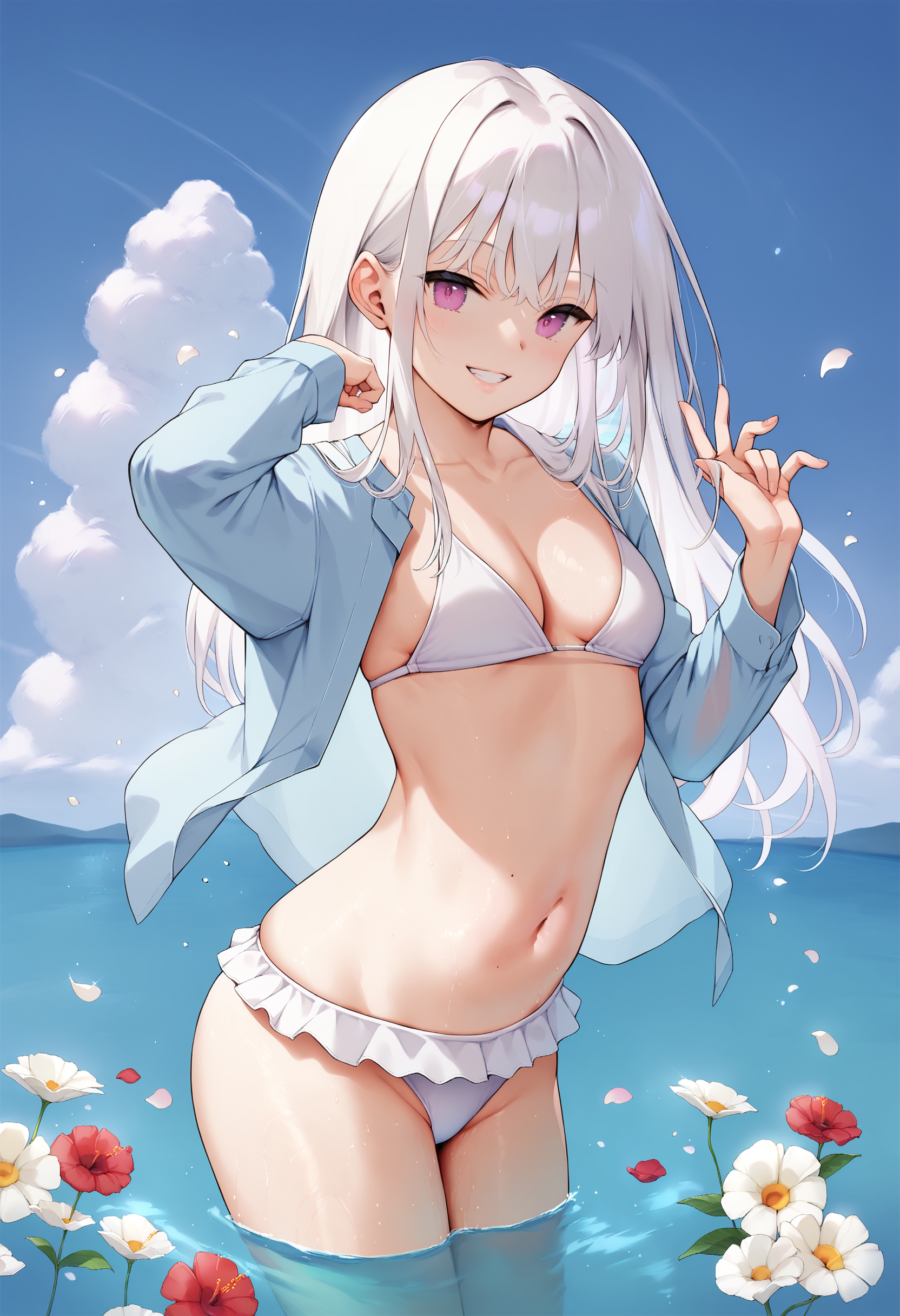 score_9, score_8_up, score_7_up, source_anime, 1girl,bikini,blue sky,cloud,cloudy sky,flower,long hair,long sleeves,looking at viewer,ocean,open clothes,partially submerged,petals,purple eyes,shiny skin,shirt,simple background,smile,stomach,swimsuit,water,white hair <lora:Mignon-Style-PonyXL-000054:1>