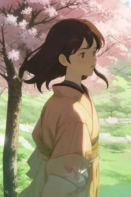 24 year old, japanese clothes, cherry_blossoms, 22 year old, 1gril, from side, highly detailed