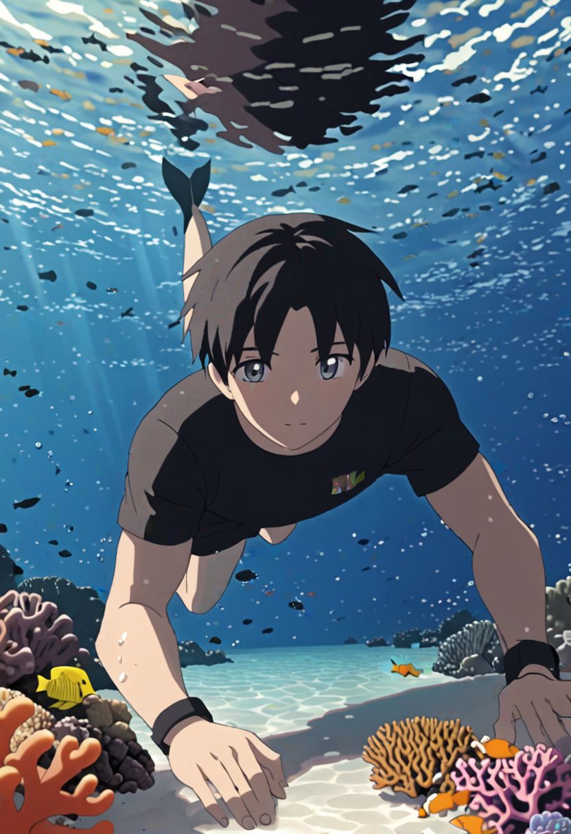 Highres, Masterpiece, High Quality, 4K, 8K, solo, 1Boy, Takaki Toono, adult, black hair, short hair, sea water, clear, calm, coral reefs, fish, marine life, diving, snorkeling, without snorkel equipment, wet, easynegative, detailed_eye_model