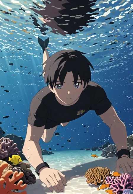 Highres, Masterpiece, High Quality, 4K, 8K, solo, 1Boy, Takaki Toono, adult, black hair, short hair, sea water, clear, calm, coral reefs, fish, marine life, diving, snorkeling, without snorkel equipment, wet, easynegative, detailed_eye_model