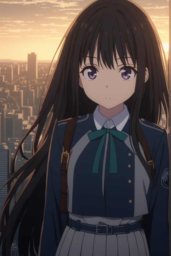 masterpiece, best quality, highres, 4k, 8k, intricate detail, cinematic lighting, amazing quality, amazing shading, soft lighting, Detailed Illustration, anime style,
takinainoue, <lora:takina-inoue-s1-sdxl-lora-nochekaiser:0.75>,
inoue takina, long hair, bangs, black hair, purple eyes,
shirt, long sleeves, dress, ribbon, school uniform, white shirt, collared shirt, belt, neck ribbon, blue dress, green ribbon, pleated dress, grey dress, two-tone dress, blue belt, lycoris uniform,
outdoors, cityscape, crowd, people, sun, sky, clouds,
looking at viewer, cowboy shot,