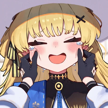 solo, 1girl, phoebe, long hair, blonde hair, hat, white headwear, ribbon, hair ornament, dress, white dress, very long hair,hair ribbon, x hair ornament, xd, cheek_pinching, black_gloves, rover, ((hand tattoo)), (tacet mark \(wuthering waves\):1.1).gold tattoo,male hand,open_mouth, tears, portrait,close up, explicit, morino hon,nuu \(nu-nyu\),{harada takehito},masterpiece,best quality,newest,absurdres,highres,very awa,