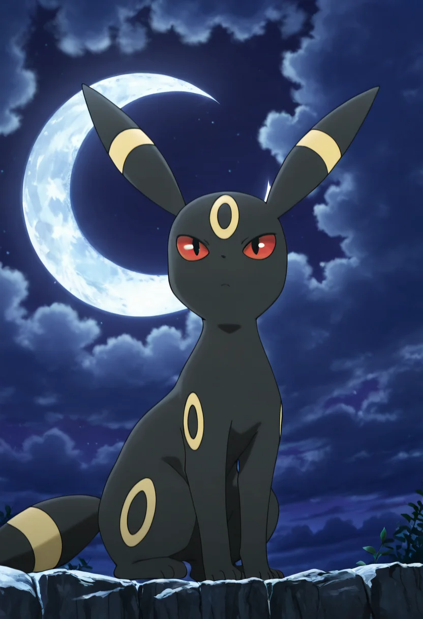 masterpiece, best quality, anime screencap, zzUmbreon, (moon focus, crescent moon), ,<lora:UmbreonPokedex_IXL:1.0>,