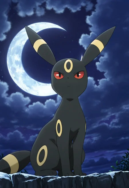 masterpiece, best quality, anime screencap,  zzUmbreon, (moon focus, crescent moon),    ,<lora:UmbreonPokedex_IXL:1.0>,