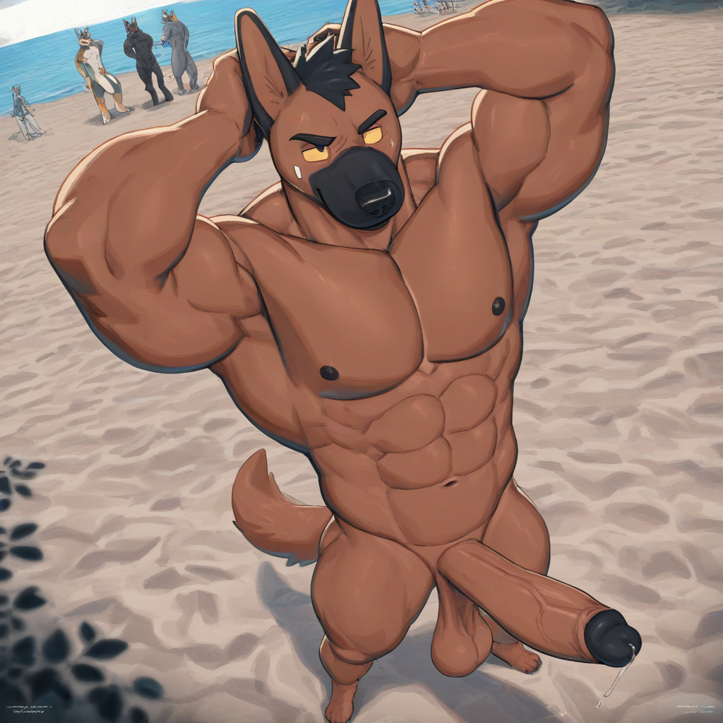 Brown Dog (Canyne_khai), solo, 1boy, anthro, dog boy, brown fur, black snout, black nose, yellow sclera, black eyes, short hair, black hair, muscular, huge muscles, biceps, triceps, abs, bara, smug, detailed eyes, perfect eyes, muscular, bara, athletic build, large pectorals, dynamic angle, nude, big humanoid penis, big balls, erection, hands on own head, beach, unparalleled masterpiece, best quality, amazing quality, very aesthetic, high resolution, 4K, extremely-detailed, depth of field, separate focus, high sharpness, newest, scenery, detailed fur, detailed muscles, cinematic lighting