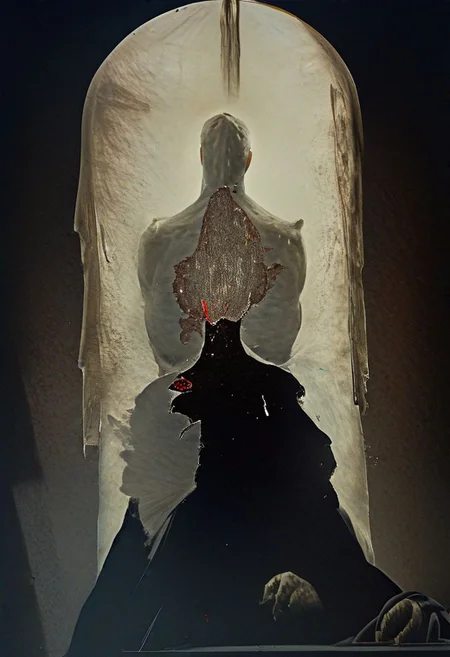 painting of an older man and his adult male lover, spark ignites, tortured souls, peacefulness, revelation, surreal dark smeared background, black and gold mutations tears in fabric , separation of colors, in the style of nicola samori <lora:DarkAnime1:1> <lora:HorrorArt(1):1.2>, glow effects, godrays, Hand drawn, render, 8k, octane render, cinema 4d, blender, dark, atmospheric 4k ultra detailed, cinematic sensual, Sharp focus, humorous illustration, big depth of field, Masterpiece, colors, 3d octane render, 4k, concept art, trending on artstation, hyperrealistic, Vivid colors, extremely detailed CG unity 8k wallpaper, trending on ArtStation, trending on CGSociety, Intricate, High Detail, dramatic, absurdes, a realistic baroque bedroom, white canopy over bed, white drapes, damask patterns, intricate details, in the style of Vittorio Matteo Corcos