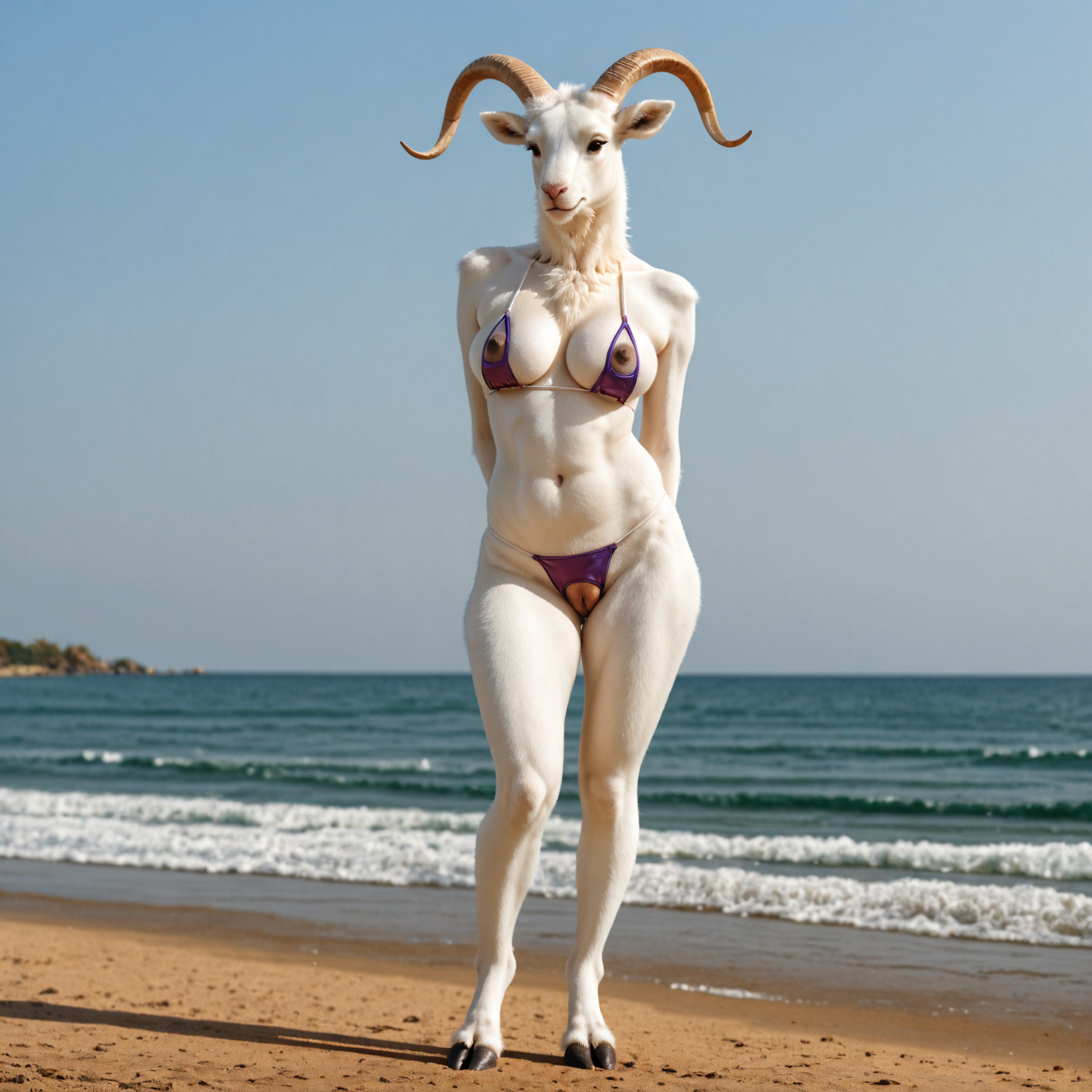 photorealistic, masterpiece, newest, amazing quality, very aesthetic, high resolution, ultra-detailed, absurdres, source_photo, ((cr0tchl3ss bikini)), 1girl, ((anthro)), goat, caprine, white fur, ((fluffy fur)), humanoid pussy, nipples, areola, long horns, full body, hooves, standing, realistic fur, furry, furry female, beach, dark nipples, dark genitalia, purple bikini, crotchless clothing, swimwear, hands behind back  <lora:crotchlessBikiniIL1-1:1>