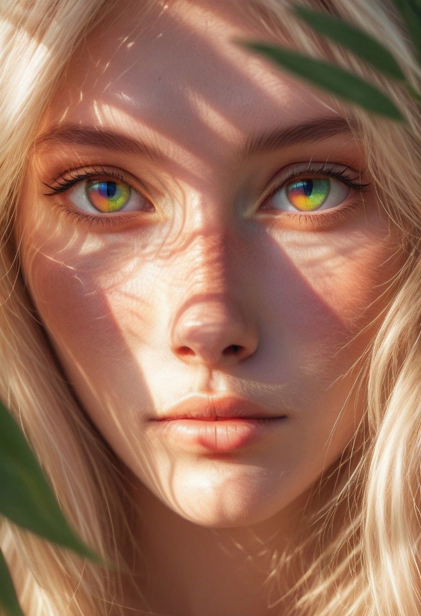 French blonde, cute face, Rainbowiridal cat eye close-up, cat eyes pupils, plant shadows on facea realistic eye eyes glowclear eye features, behance stylefront viewmorning sunlightfilm style