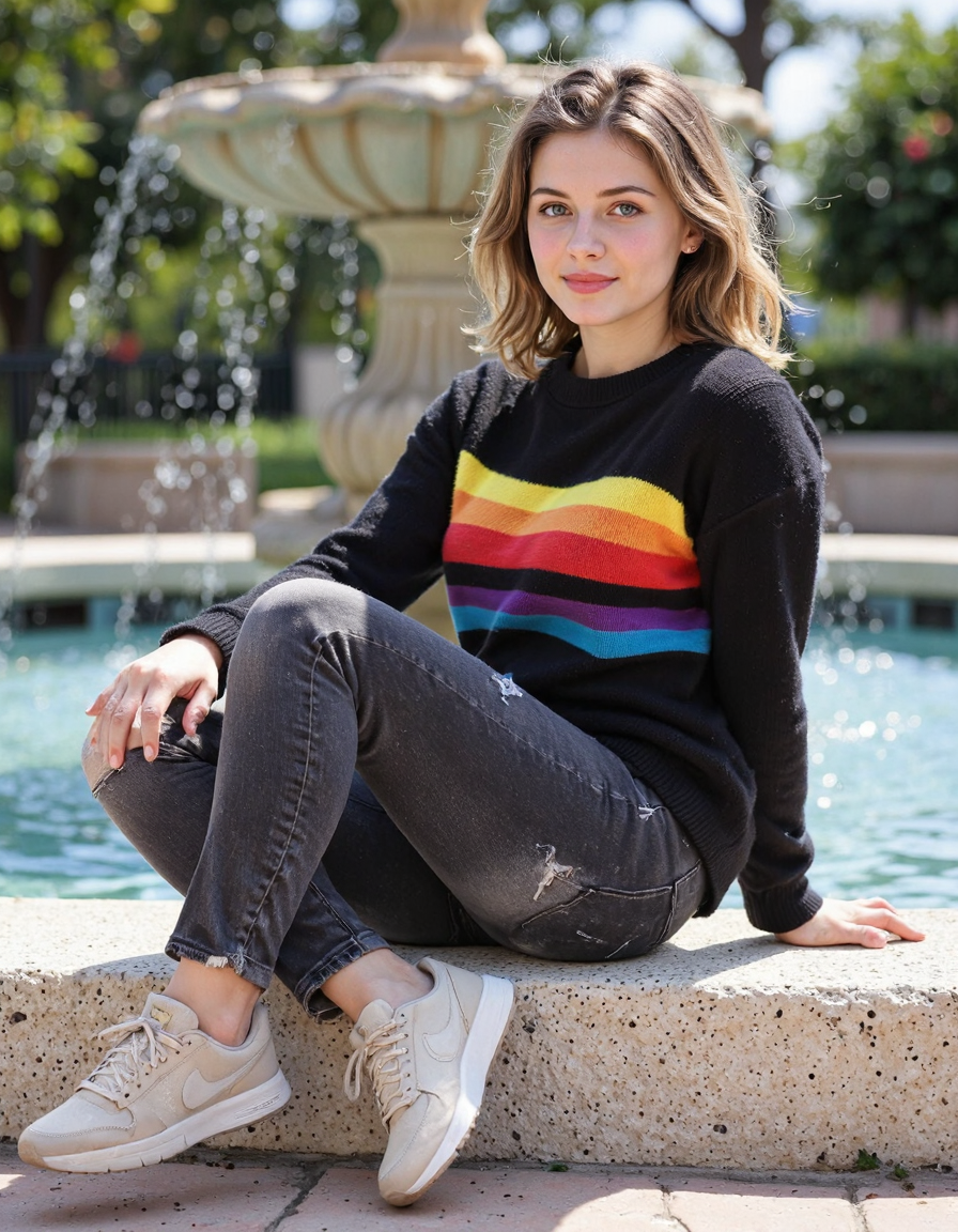 sits on a light beige stone curb, posed casually.  She wears a black sweater with vibrant rainbow-colored horizontal stripes. The sweater is a relaxed fit, and the stripes have a thick, bold appearance. She's wearing dark gray, distressed jeans. Her Nike shoes are light beige-gray low-top sneakers. wavy hair is styled naturally.  Her expression is pleasant, friendly, and relaxed.  Natural outdoor light illuminates her face and the scene, creating soft, warm shadows.  The background includes a decorative fountain and blurred trees. The overall aesthetic is casual and fashionable, with a relaxed, sunny mood. The image is brightly lit, showcasing the colors and textures of the outfit. Composition is centered, showcasing the subject and her outfit details. The perspective is a slightly low-angle, giving a flattering view of her figure. The style is modern casual, contemporary.  