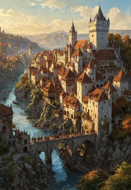 A masterful digital painting by Greg Rutkowski portraying the streets of a sprawling medieval city in a fantasy realm, with river, bridges, a white tower, walls, sparkling, majestic, beautiful, stunning, dreamlike, ethereal, magic, art, extremely detailed, masterpiece. The scene is set at sunset, with sharp focus and clarity. The landscape is featuring ultra-highly detailed and intricately posed characters. The intricate details and sharp focus of the painting give it a watercolor-like appearance, making it highly sought after and trending on ArtStation. The highly detailed and intricate elements of the scene are showcased in a studio photo, capturing the essence of a dreamlike, magical fantasy world.
 (8k uhd:1,4)
(((full-clothed))),
 <lora:add-detail-xl:1>
 <lora:Dynamic Poses:1>