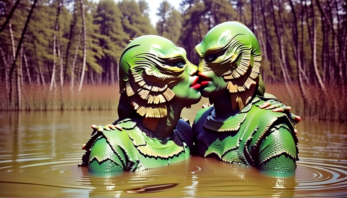 beautyfull (1girl:1.15) kissing Gill_man,(charming light:1.15), retro look, in a swamp,,,