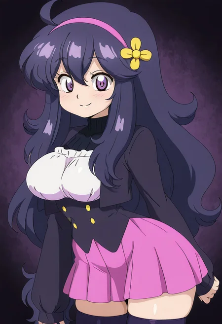 masterpiece, best quality, solo, curvy, beautiful eyes, narrow waist, wide hips, 1girl, solo, smile, looking at viewer, zzVioletta, hex maniac (pokemon), long hair, ahoge, purple hairband, purple eyes, large breasts,, jacket, sleeves past wrists, pink skirt, black thighhighs, zettai ryouiki,
side view, ass, leaning forward, cowboy shot, smile, looking at viewer, shiny skin,