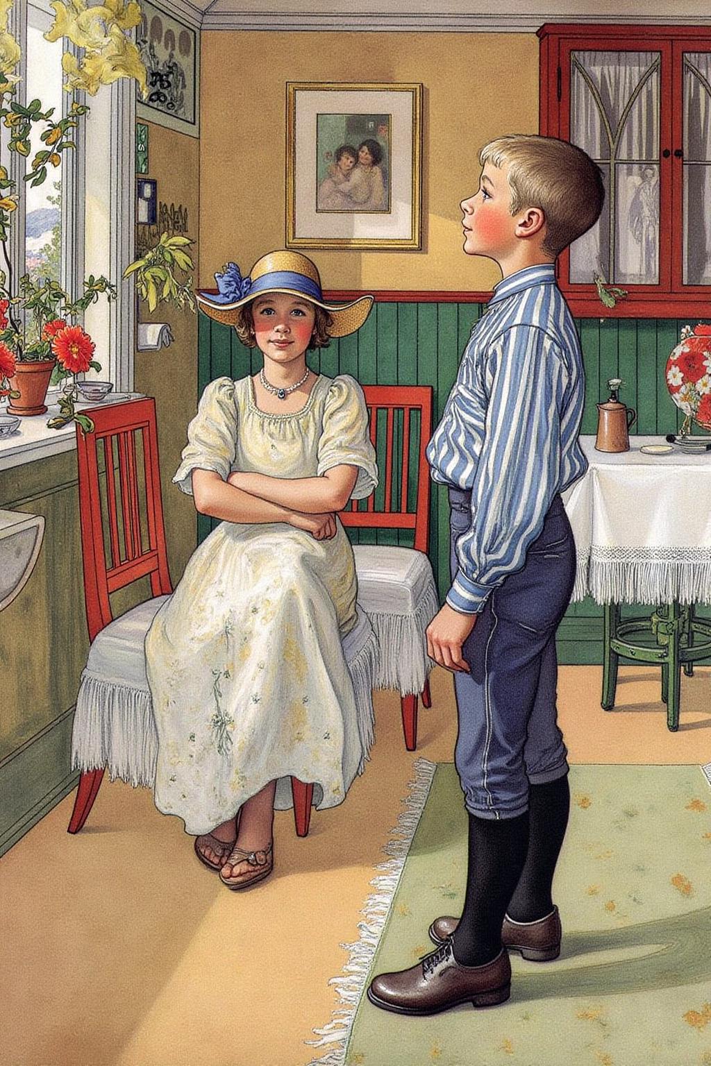 car1ar painting.
A young man and woman in a cozy, well-lit room. The woman, seated on a chair with a white, frilly dress, appears to be in her early twenties. She has a gentle, thoughtful expression and wears a wide-brimmed hat adorned with a blue ribbon. The boy is shown in side view. <lora:car1ar1_cap_d6a3:1.0><lora:825494836288378302:0>