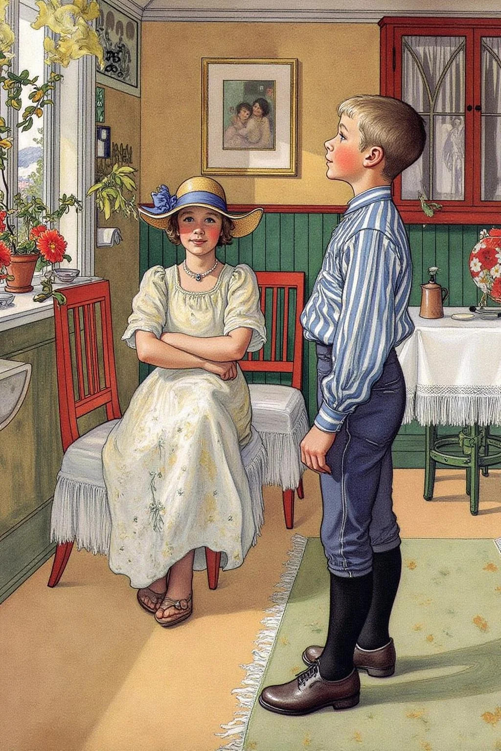 car1ar painting.
A young man and woman in a cozy, well-lit room. The woman, seated on a chair with a white, frilly dress, appears to be in her early twenties. She has a gentle, thoughtful expression and wears a wide-brimmed hat adorned with a blue ribbon. The boy is shown in side view. <lora:car1ar1_cap_d6a3:1.0><lora:825494836288378302:0>