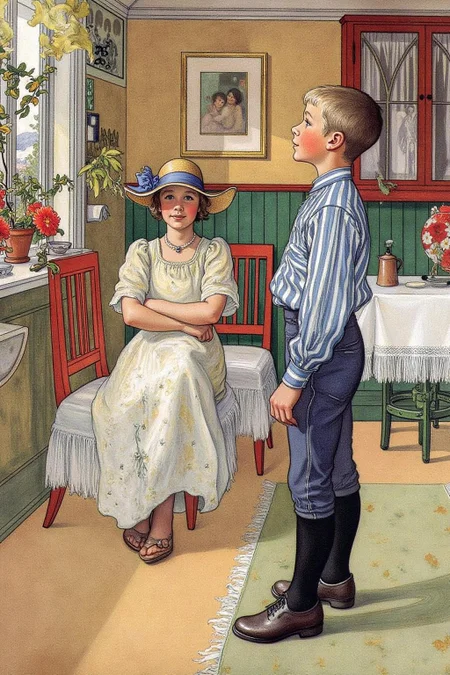car1ar painting.
A young man and woman in a cozy, well-lit room. The woman, seated on a chair with a white, frilly dress, appears to be in her early twenties. She has a gentle, thoughtful expression and wears a wide-brimmed hat adorned with a blue ribbon. The boy is shown in side view. <lora:car1ar1_cap_d6a3:1.0><lora:825494836288378302:0>