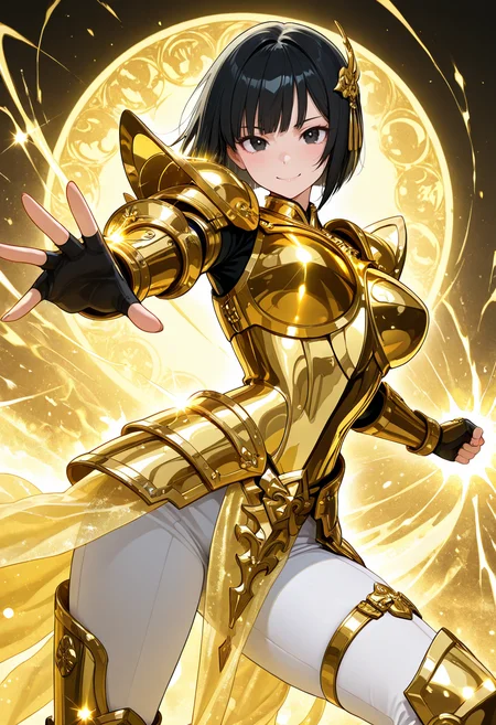 masterpiece,best quality,amazing quality, very aesthetic, ((outlined outlined vector graphics)), cute face, (glow eyes:0.5) , from front, looking at viewer ,detailed background,
1girl,
20yo, black hair, black eyes, short bob hair, hair pin,mdeium breast, slender,(white thigh strap:1.1),
,solo,cute face,
happy , golden armor, golden-mythril-armor , , glowing, glittering , glimmering , pants , action pose, clothed <lora:golden-mythril-armor-il-01:0.8>