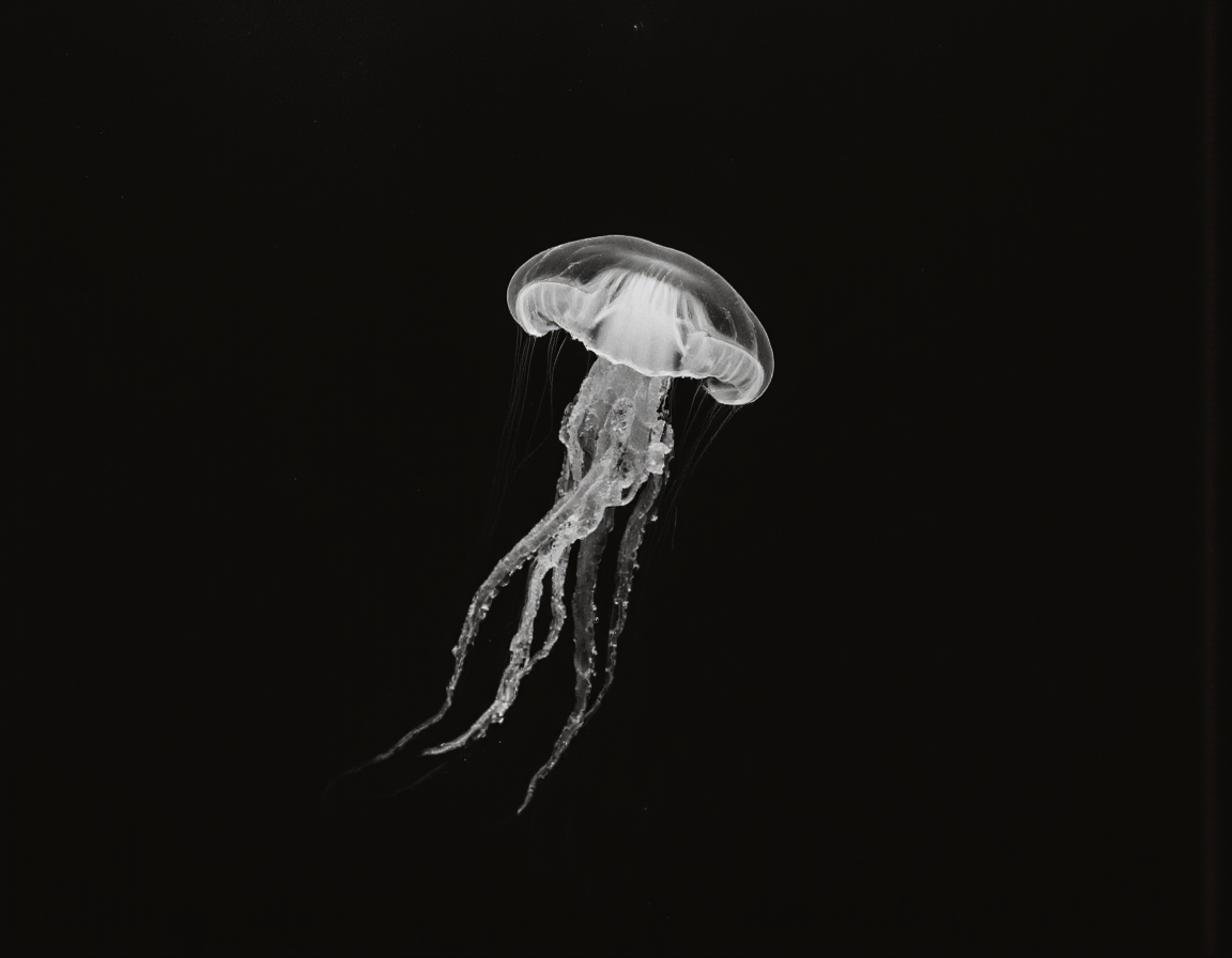 <lora:BWMonochrome:0.85> mono, Photorealistic monochrome photograph of a jellyfish with long flowing tentacles, ethereal bioluminescence effect, deep sea background, 8k resolution, high contrast, dramatic lighting. . 35mm photograph, film, bokeh, professional, 4k, highly detailed
