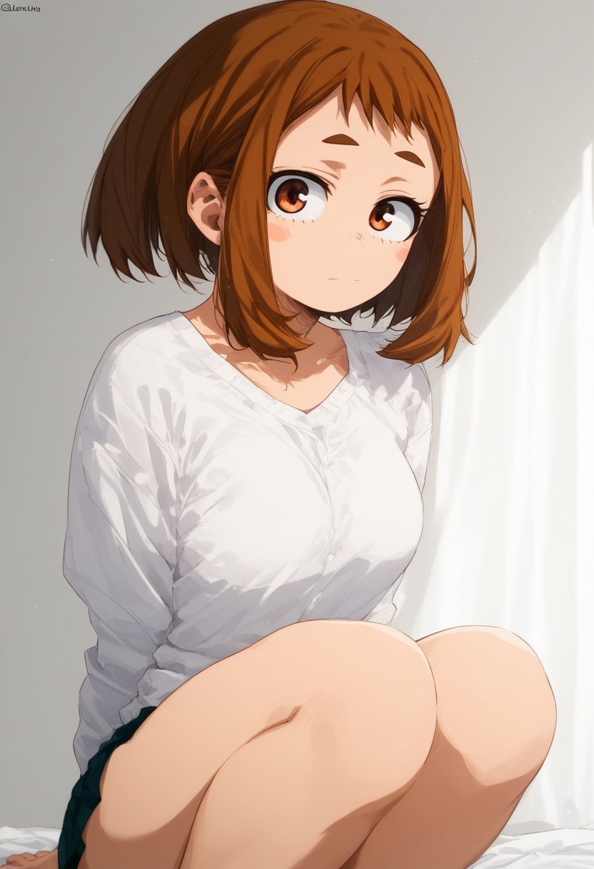 flatshinyskin, score_9, score_8_up, score_7_up , Ochako Uraraka (prBl, 1girl, solo, short hair, brown hair, brown eyes))  , MANGASTYLE, Sitting, on knees, seductive pose, breasts, solo, 1girl, looking at viewer, side angle, side portrait, facing viewer, hands behind back, kneeling down