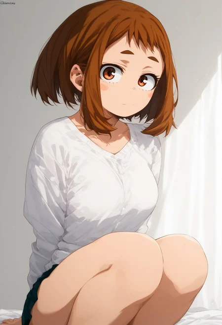 flatshinyskin, score_9, score_8_up, score_7_up , Ochako Uraraka (prBl, 1girl, solo, short hair, brown hair, brown eyes)) , MANGASTYLE, Sitting, on knees, seductive pose, breasts, solo, 1girl, looking at viewer, side angle, side portrait, facing viewer, hands behind back, kneeling down