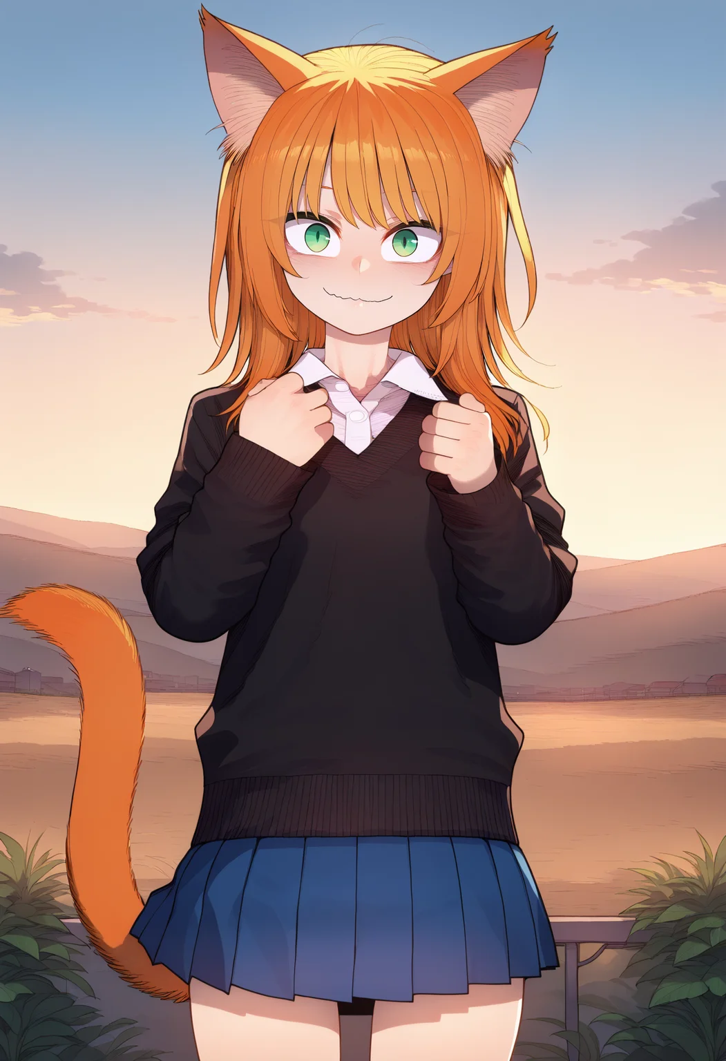 score_9, best quality, masterpiece, uncensored, source_anime
BREAK
1girl, solo, long hair, looking at viewer, blush, smile, bangs, skirt, shirt, long sleeves, animal ears, closed mouth, underwear, school uniform, green eyes, standing, tail, white shirt, cowboy shot, pleated skirt, outdoors, day, collared shirt, cat ears, miniskirt, orange hair, sweater, blue skirt, cat tail, wavy mouth, wing collar, slit pupils, wind, sleeves rolled up, wind lift, black sweater, hands up
<lora:merratatustle_pony_v6:1>