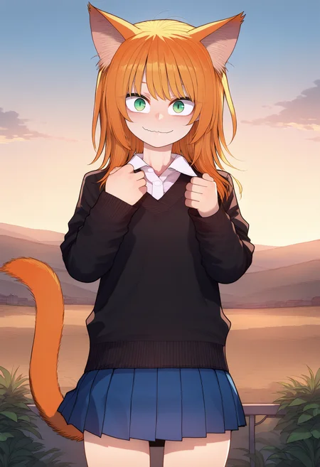 score_9, best quality, masterpiece, uncensored, source_anime
BREAK
1girl, solo, long hair, looking at viewer, blush, smile, bangs, skirt, shirt, long sleeves, animal ears, closed mouth, underwear, school uniform, green eyes, standing, tail, white shirt, cowboy shot, pleated skirt, outdoors, day, collared shirt, cat ears, miniskirt, orange hair, sweater, blue skirt, cat tail, wavy mouth, wing collar, slit pupils, wind, sleeves rolled up, wind lift, black sweater, hands up
<lora:merratatustle_pony_v6:1>