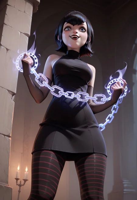 score_9, score_8_up, score_7_up, black hair, short hair, blue eyes, fangs, black lips, black nails, medium breasts, hold person, chain, magic chain, stasis tank, striped pantyhose,