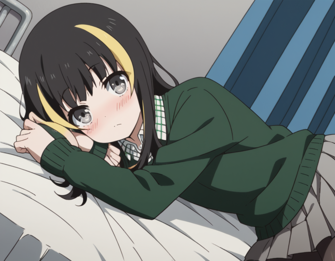 score_9, score_8_up, score_7_up, source_anime, tsubakiandou, <lora:tsubaki-andou-s1-ponyxl-lora-nochekaiser:1>, tsubaki andou, long hair, blonde hair, black hair, multicolored hair, streaked hair, grey eyes,, skirt, shirt, pantyhose, collared shirt, sweater,, indoors, bed, bed room, on side, blush, drunk, looking at viewer, solo, cowboy shot, dutch angle