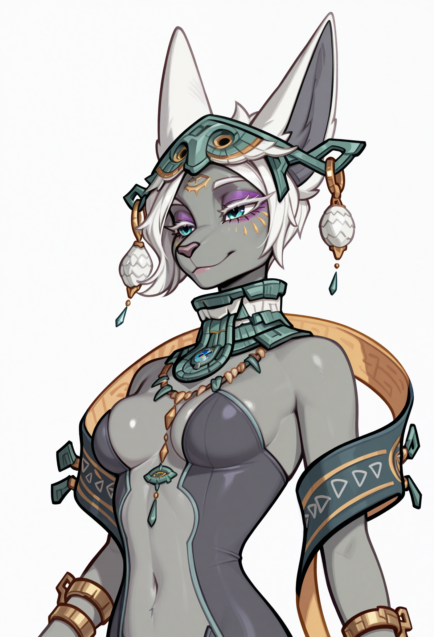 1girl, solo, smile, white background, portrait, 
furry female, animal ears, animal nose, white hair, short hair, blue eyes, grey fur, facial mark, purple eyeshadow, 
headpiece, earrings, usekh collar, necklace, bracelet, bare shoulders, black bodysuit, revealing clothes, navel, hagoromo, 
masterpiece, best quality, <lora:mineru_(zelda)-guy90-Illust-LoraV103:1>, urenim, <lora:Blushyspicy-guy90-IllustriousV101:1>, yciblu