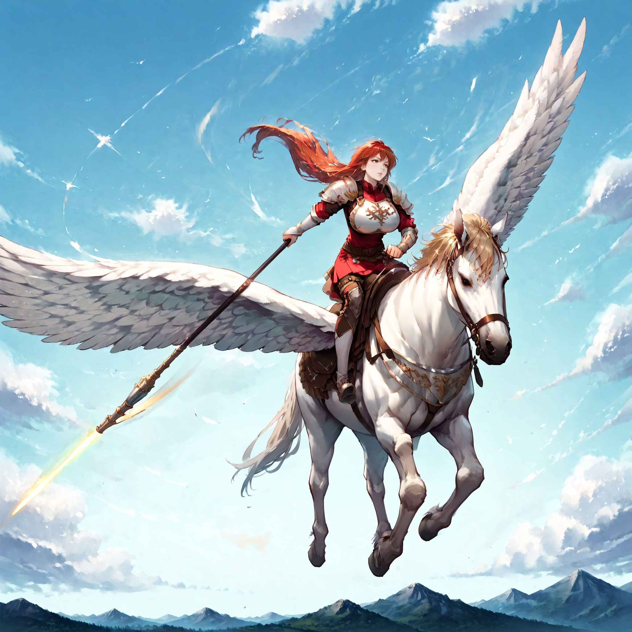 score_9,score_8_up,score_7_up,extreme detailed,full_body,zPDXL BREAK sky,flying,1girl,huge breasts,
<lora:Pony_DetailV2.0:1>,pegasus knight,horse,horseback riding,pegasus,<lora:pegasus knight-v2-pony:0.8>,long hair,shoulder armor,breastplate,pegasus knight uniform \(fire emblem\),holding polearm,charging forward,
