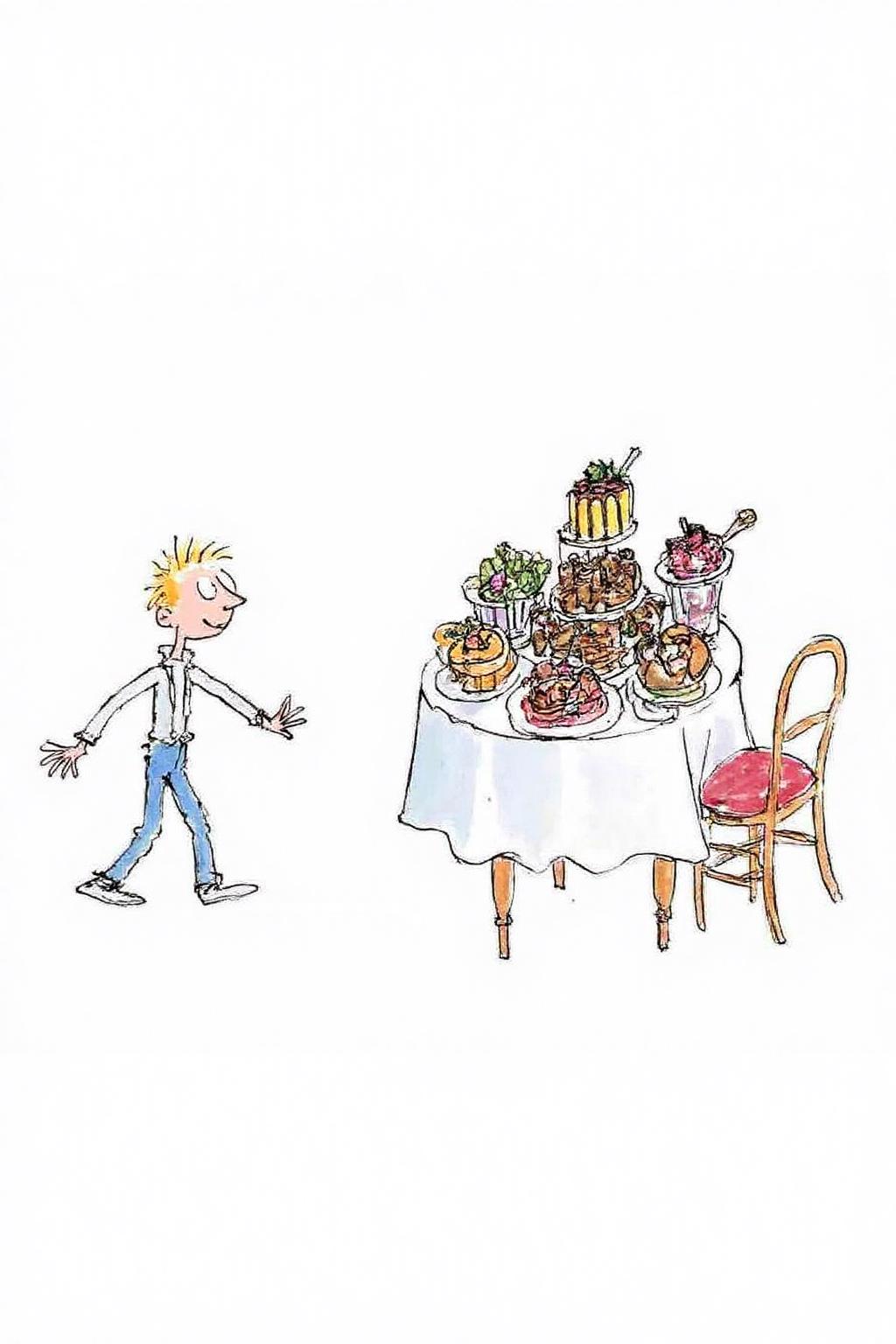 qub1 illustration. A boy walking towards a table laden with all sort of sweets and desserts. The boy, with short, spiky hair, is dressed in a white shirt and blue jeans. <lora:qub1_cap_d6a3e12:1.0><lora:826977596437742592:0>
