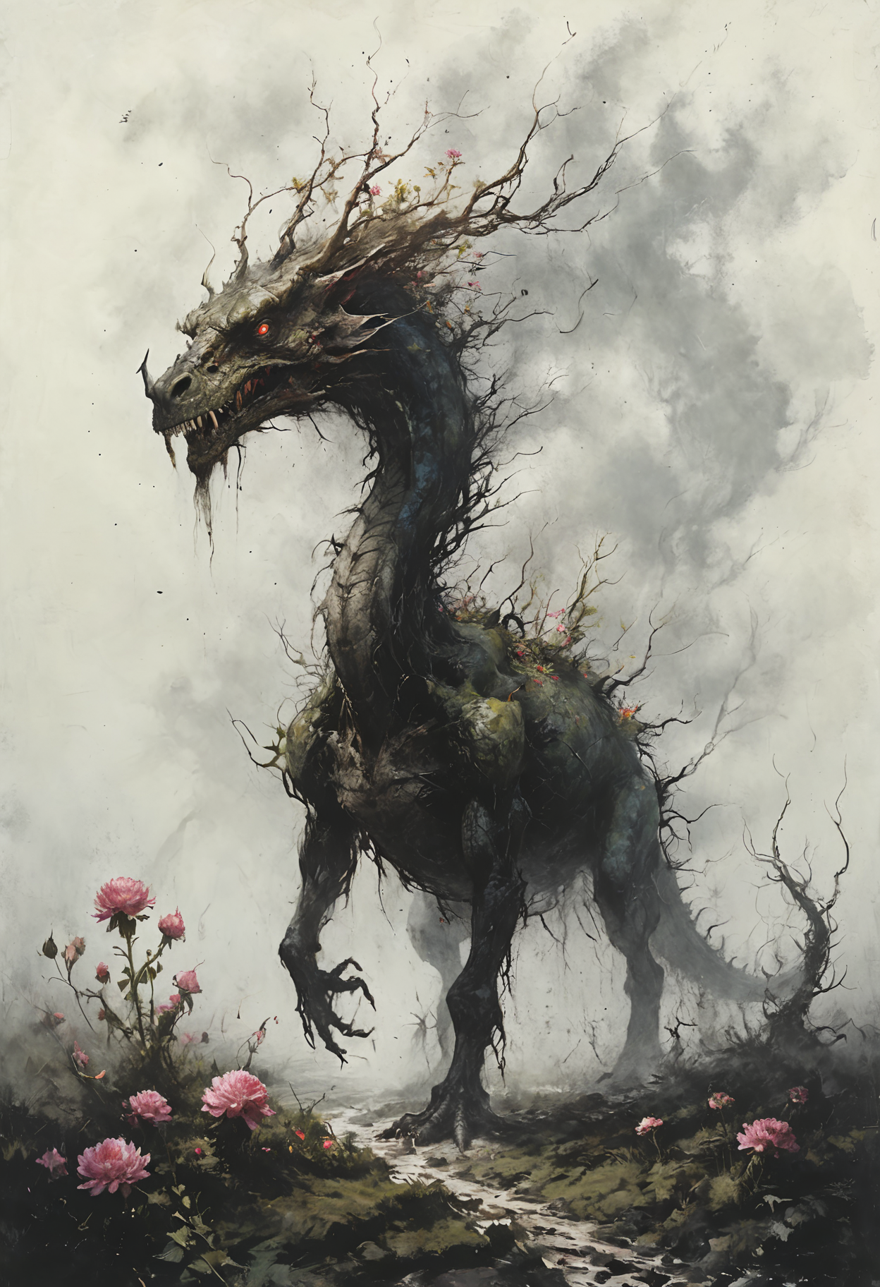(masterpiece, best quality, hyper detailed, ultra realistic, 32k, RAW photo), masterful painting in the style of Anders Zorn | Marco Mazzoni | Yuri Ivanovich, Todd McFarlane, oil on canvas, perfect composition and chiaroscuro by Rembrandt, concept art by Mariusz Lewandowski, by Louis Aston Knight, by Karine Eibatova, by John Howe, by Jessica Rossier, by JarosÅaw JaÅnikowski, by Inessa Garmash, by HenriÃ«tte Ronner-Knip, by Harumi Hironaka,famous artwork inspired by (jesper myrtos:1.2) and (aleksi briclot:1.3) and (brian despain:1.1), (dramatic scene:1.4), (fractal art:1.2), fantasy style, dynamic angle, depicted is the "cross-eyed puddlevlorm", an immense karvyturbled primeval herbivore with his extremely long neck and barbed tail roaming the (lush flower-covered plains:1.4) of planet "gramuflak ix" under a tempestuous sky, this (fearsome creature:1.4), marked with colorful striking patterns has no resiliforged enemies, despite his slormspiggled nature <lora:Desolation:0.8> <lora:add-detail-xl:0.8>