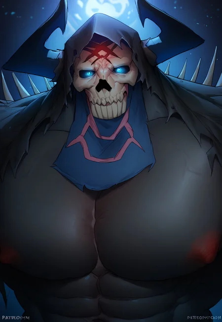 score_9, score_8_up, score_7_up, solo, 1boy, king_h@ss@n, demon, skull head, horns, black skin, glow blue eyes, hood, cloak, muscular, bara, portrait, face and pecs focus, hyper huge pecs, hyper huge nupples, portrait to the waist,