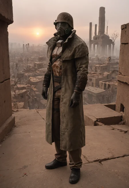(score_9, score_8_up:1.1), score_7_up, realistic photograph
d3sertranger, helmet, 1boy, (muscular), black gloves, gas mask, full body, front view, night starry_sky sunset city ruins, <lora:desert_ranger_v1.1.6_pony:1>