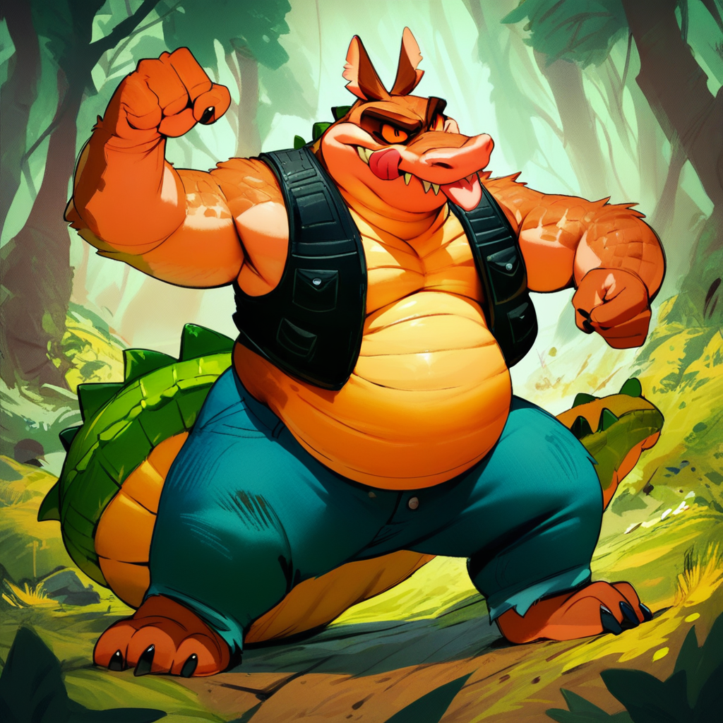 score_9, score_8_up, score_7_up, score_6_up, score_5_up, score_4_up, dingodile, dingo, crocodile tail, monster, mutant, scaly, furry, vest, jeans, fat, chubby, orange eyes, smile, tongue out, action pose, forest background,