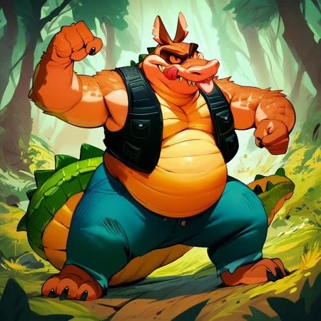 score_9, score_8_up, score_7_up, score_6_up, score_5_up, score_4_up, dingodile, dingo, crocodile tail, monster, mutant, scaly, furry, vest, jeans, fat, chubby, orange eyes, smile, tongue out, action pose, forest background,