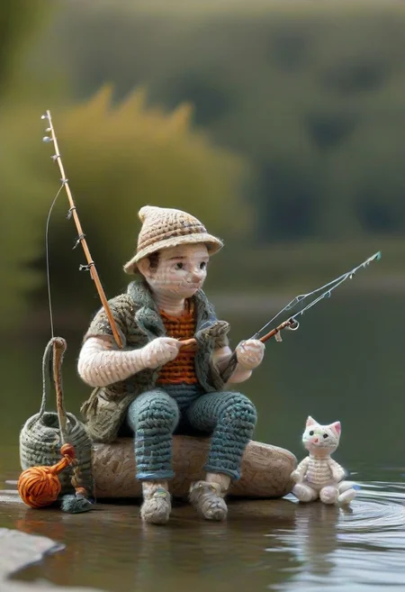 A man fishing with his cat, lake, sitting, by saint exupery, crocheted style