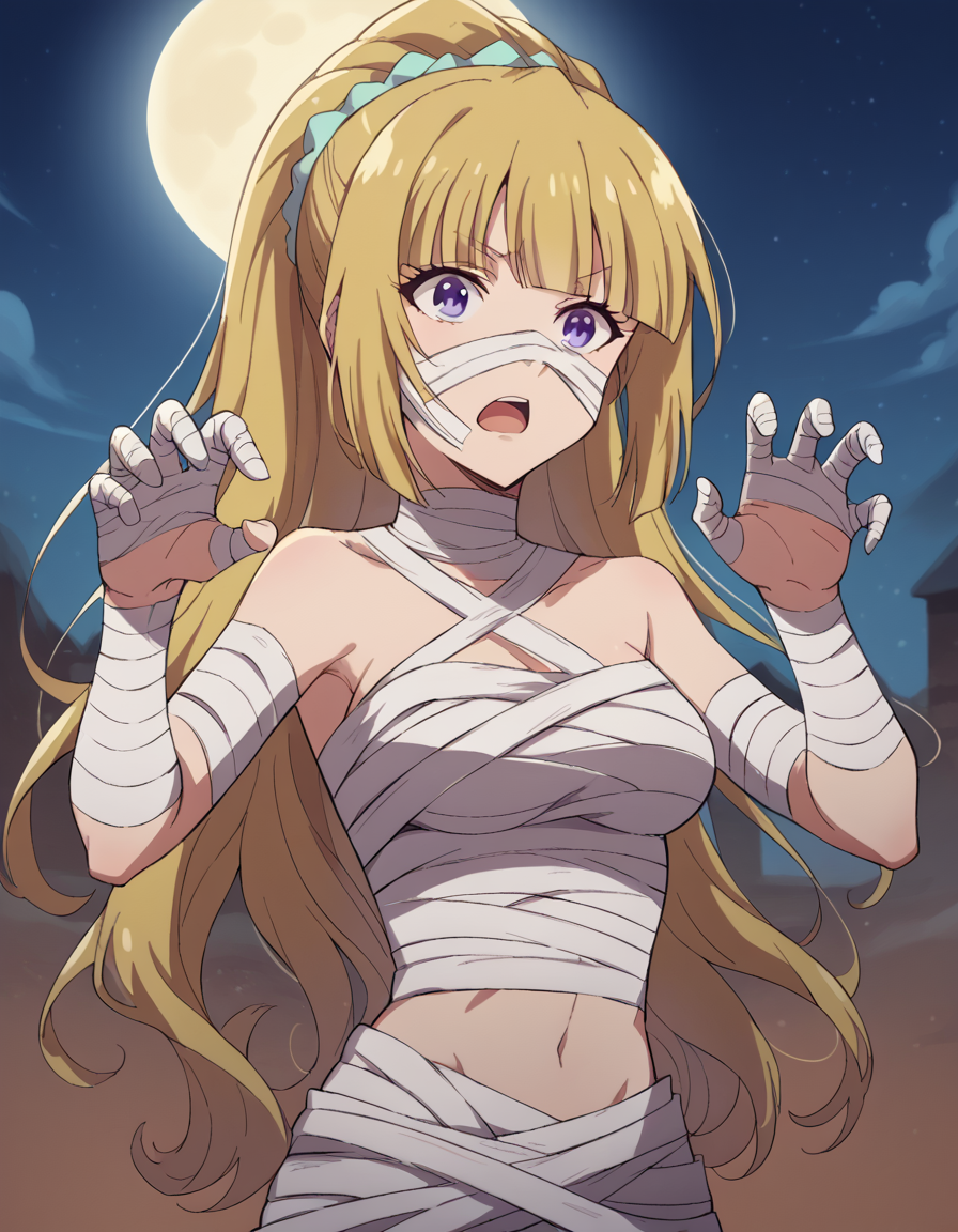 score_9, score_8_up, score_7_up, source_anime, keikaruizawa, <lora:kei-karuizawa-anime-s2-ponyxl-lora-nochekaiser:1>, kei karuizawa, long hair, bangs, blunt bangs, purple eyes, blonde hair, hair ornament, ponytail, scrunchie, blue scrunchie, medium breasts,, <lora:mummy-costume-ponyxl-lora-nochekaiser:1>, mummy costume, bandages, halloween costume, bandaged arm, zombie pose, bandage on face,, desert, moon, night, open mouth,, cowboy shot