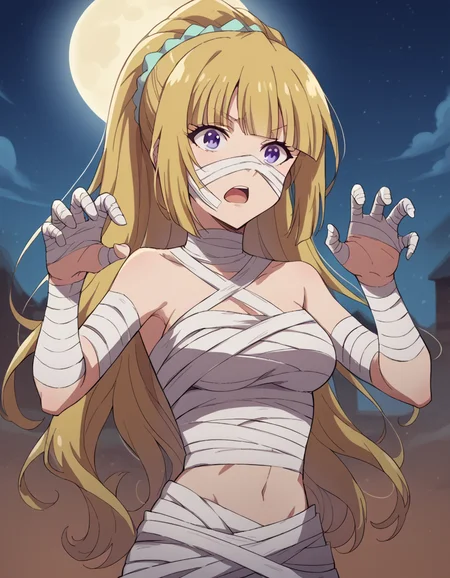 score_9, score_8_up, score_7_up, source_anime, keikaruizawa, <lora:kei-karuizawa-anime-s2-ponyxl-lora-nochekaiser:1>, kei karuizawa, long hair, bangs, blunt bangs, purple eyes, blonde hair, hair ornament, ponytail, scrunchie, blue scrunchie, medium breasts,, <lora:mummy-costume-ponyxl-lora-nochekaiser:1>, mummy costume, bandages, halloween costume, bandaged arm, zombie pose, bandage on face,, desert, moon, night, open mouth,, cowboy shot